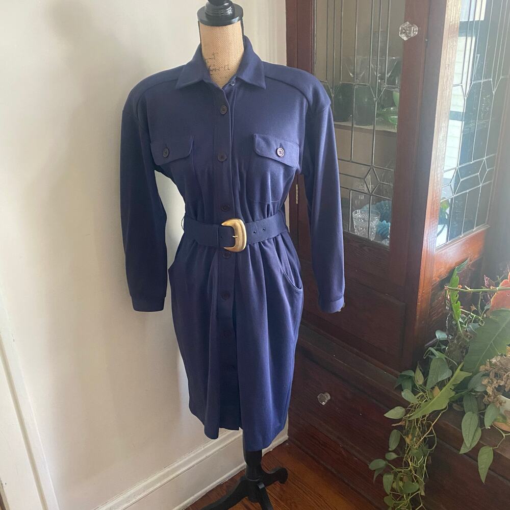 JB Wright LTD Navy Vintage Belted Midi Shirt Dress Size 6 Pockets Statement Work - Picture 3 of 17